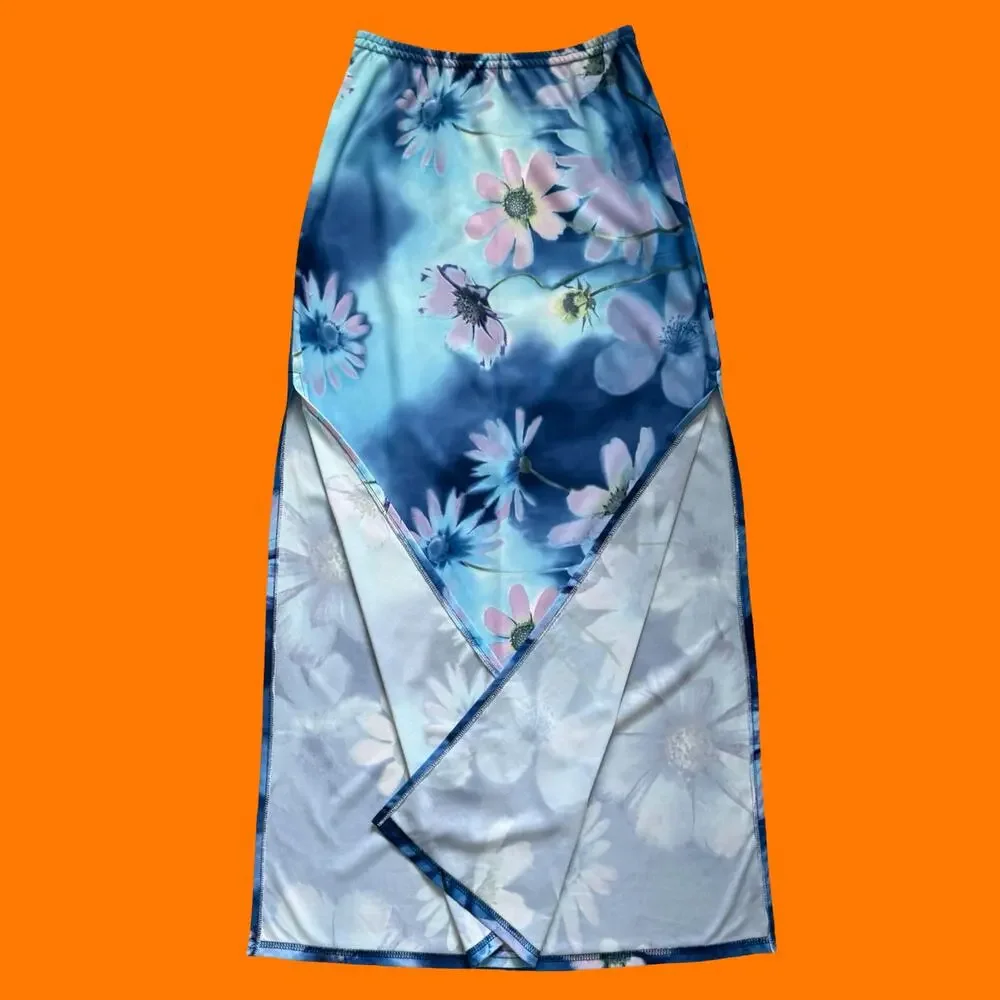 90's vintage daisy floral fairy rave high slit bodycon maxi skirt XS